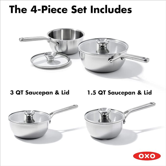 OXO Mira Tri-Ply Stainless Steel, 1.5QT and 3.57QT Chef's Pan Set with Lids