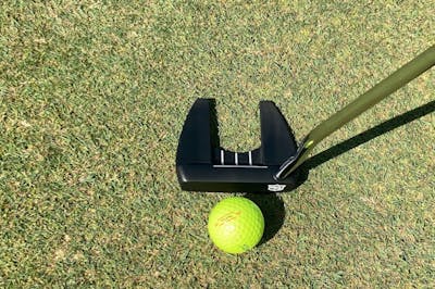 Top down view of the Wilson Infinite Putter Bucktown in front of a golf ball.
