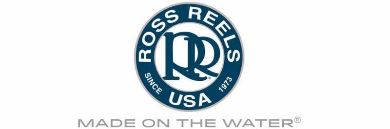The Ross Reels Logo which says "Ross Reels USA Since 1973" on the outer ring of a blue circle. Inside the circle are intertwined double R's. Under the circle logo is their motto which reads, "Made on the Water."