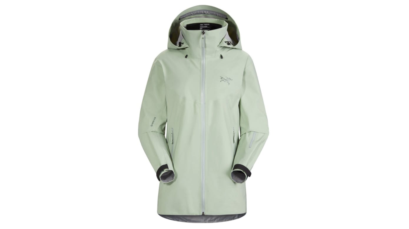 A mint green Arc’teryx Ravenna LT jacket with a hood.