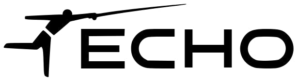 ECHO logo has a simple form of someone casting a fly rod over the word "ECHO."