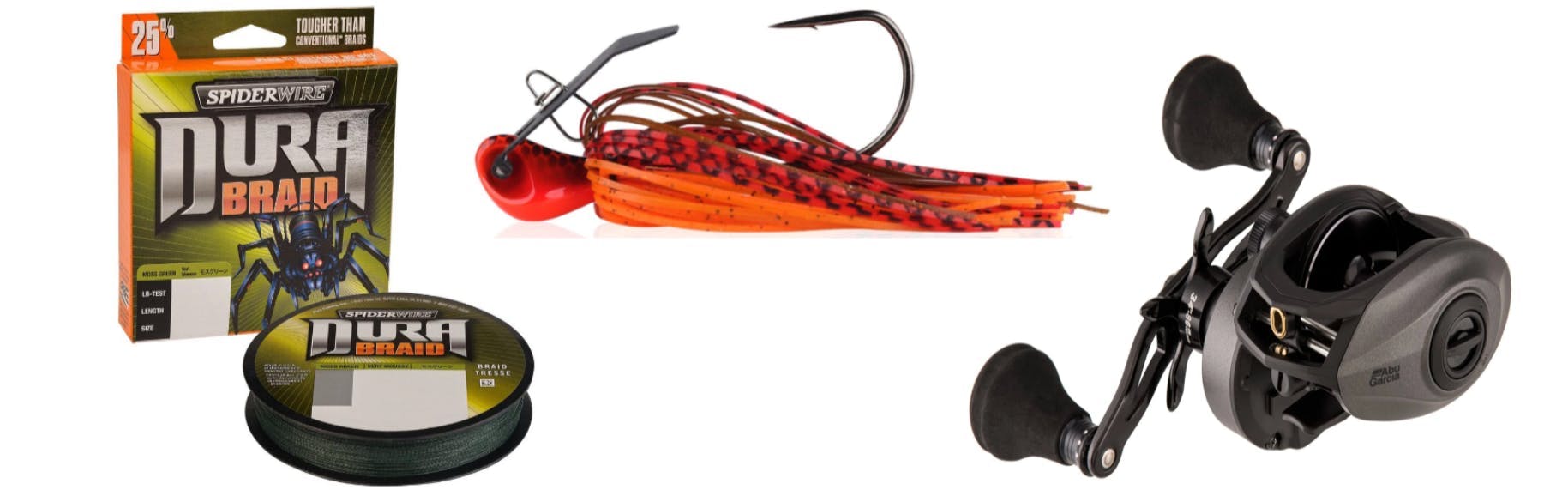 From left to right, the Dura Spiderwire Braid, the Berkley Slobberknocker, and the Revo Reel from Pure Fishing. 