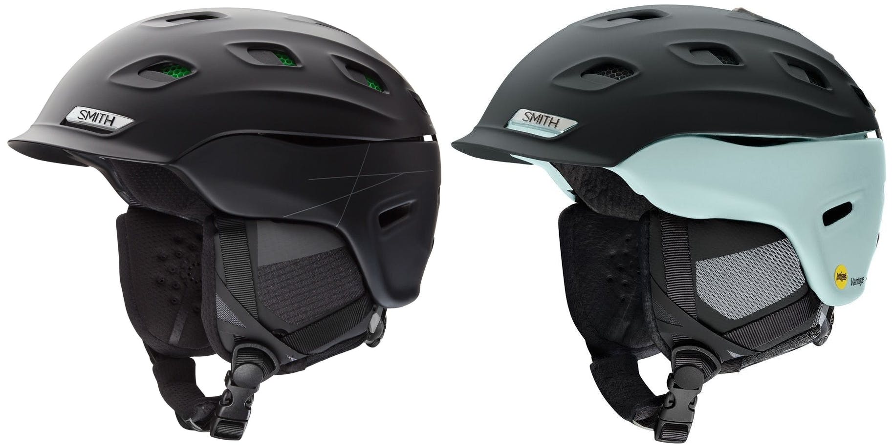 Two helmets. One is black while the other is black with a light green accent
