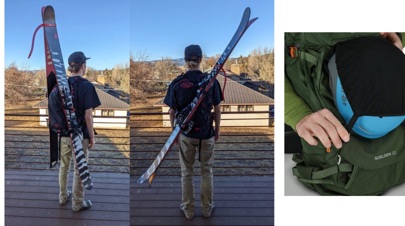 Three photos. On the left there is a photo of a man in his backyard with a ski backpack on. He has his skis attached to his backpack in a manner that allows the tips to be held together with a strap at the top and the tails to be wide and apart. The second photo he is in the same yard with the same pack on but now he has skis being carried diagonally across the back of his pack. On the right there is a photo of someone attaching their blue helmet to their green backpack. 