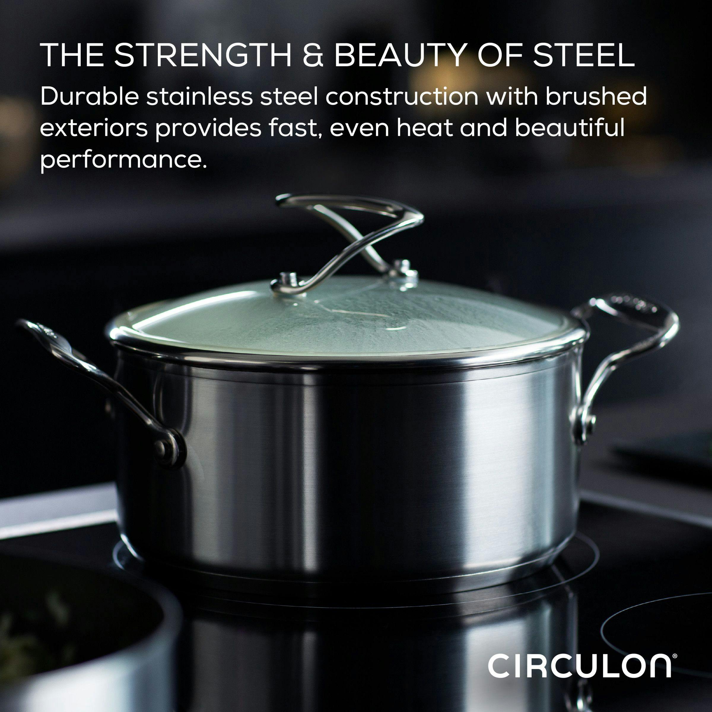 Circulon Stainless Steel Induction Frying Pan with Lid and SteelShield Hybrid Stainless and Nonstick Technology, 12-Inch, Silver