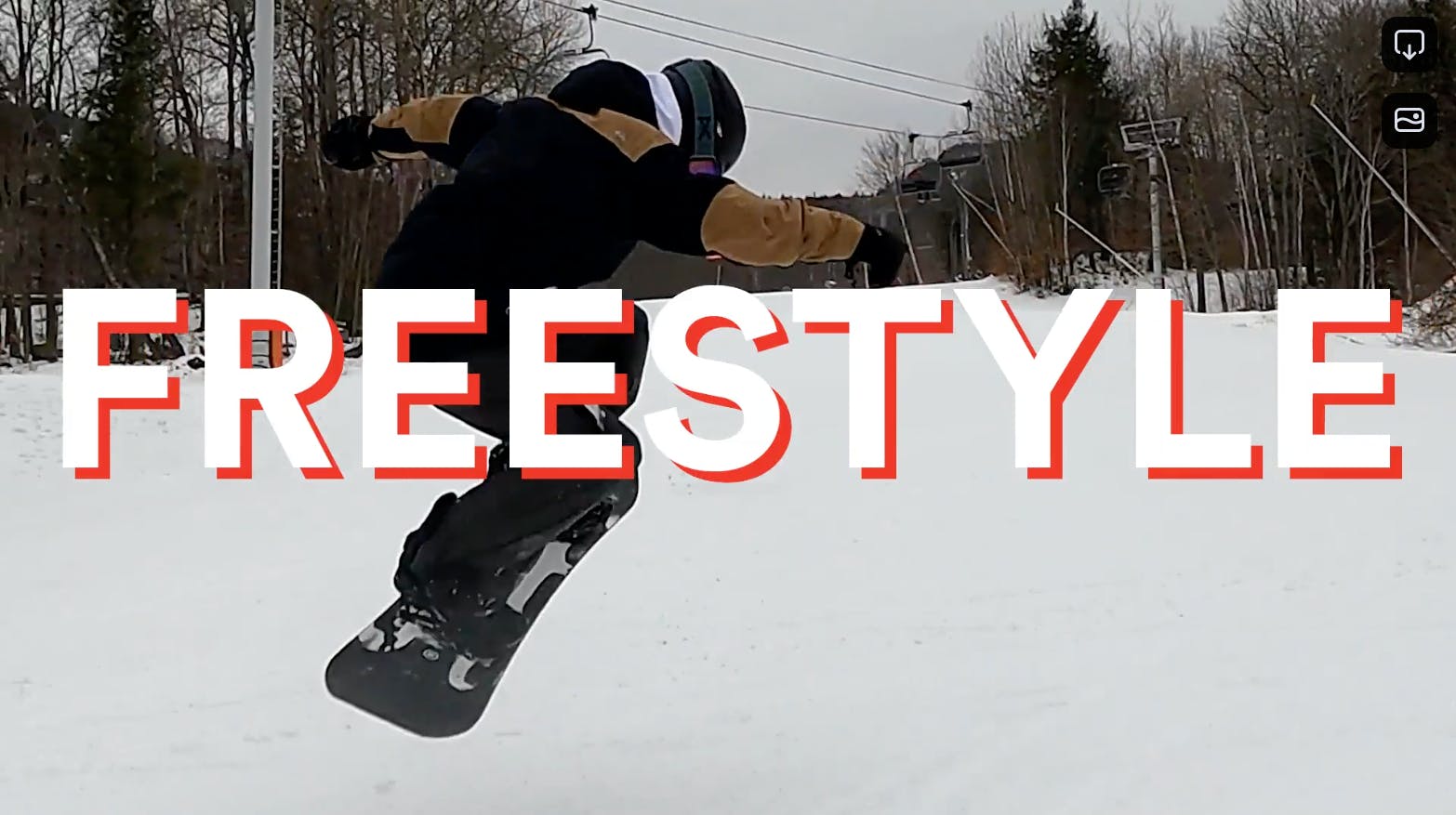Curated expert Colby executing a jump with his snowboard with a "Freestyle" graphic over the image