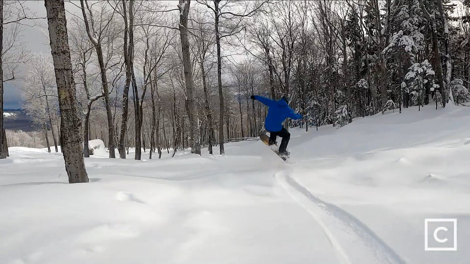 Curated expert Franco DiRienzo jumping up through fresh powder in a forest with the Never Summer Harpoon snowboard