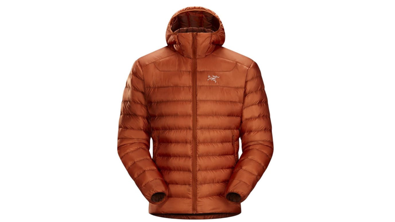 An orange Arc’teryx Cerium LT Hoody jacket.