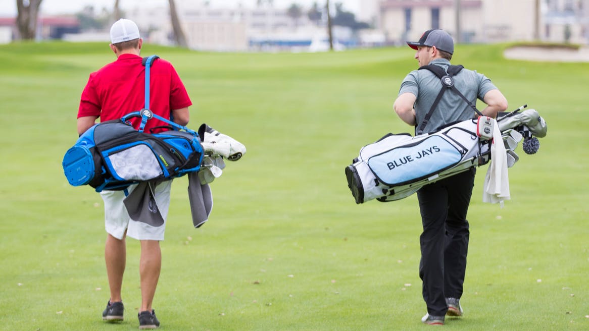 Two golfers walking on a course carrying their golf bags full of clubs