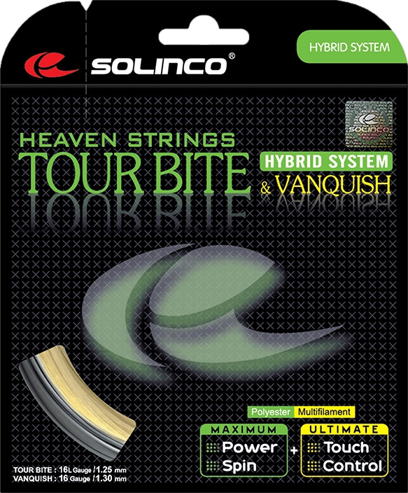 Solinco Tour Bite + Vanquish Hybrid String · 16L/16g · Silver/Natural