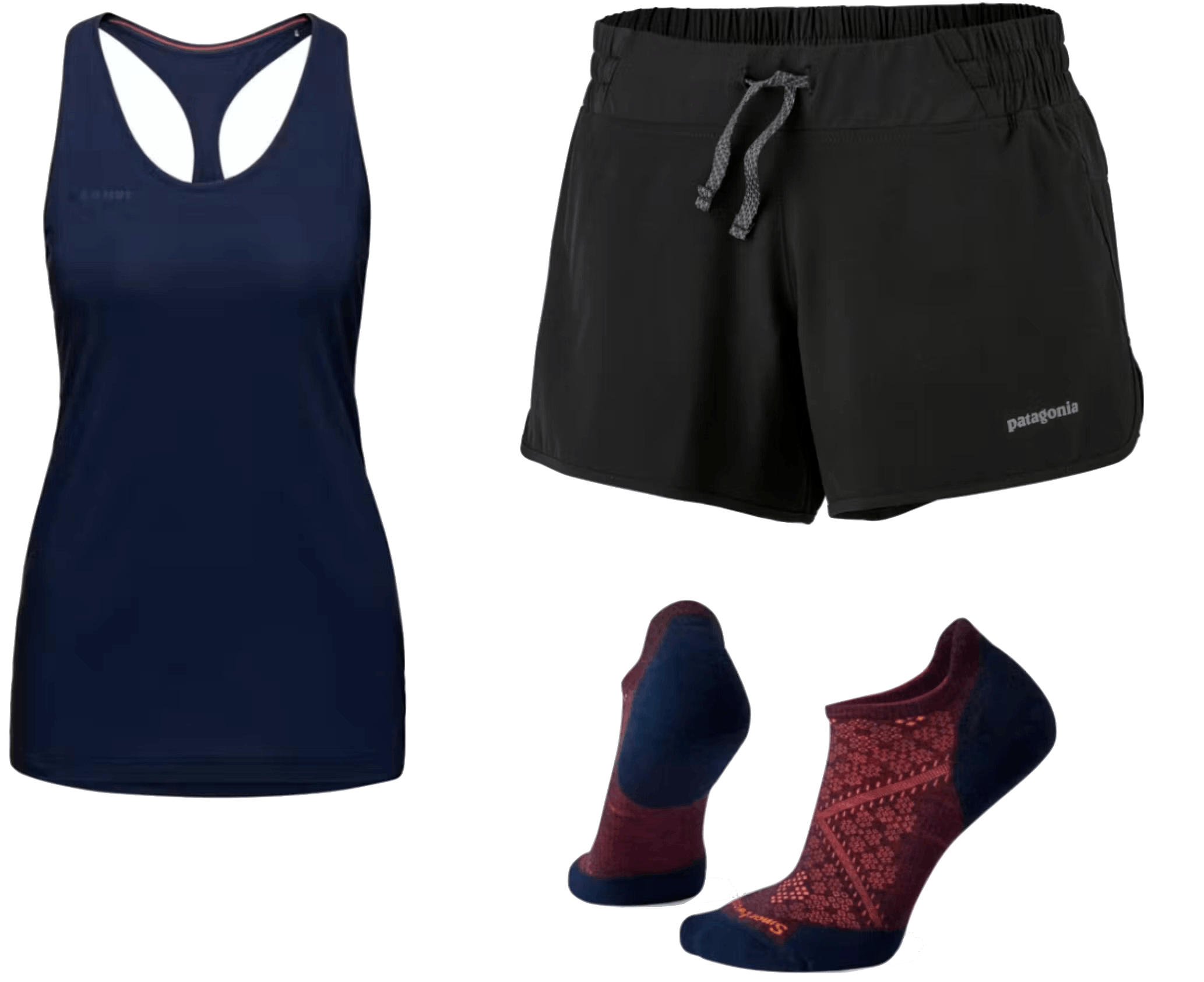 The Mammut Camie Tank (left), the Patagonia Strider shorts (top right), and the Smartwool PhD light sock (bottom right)