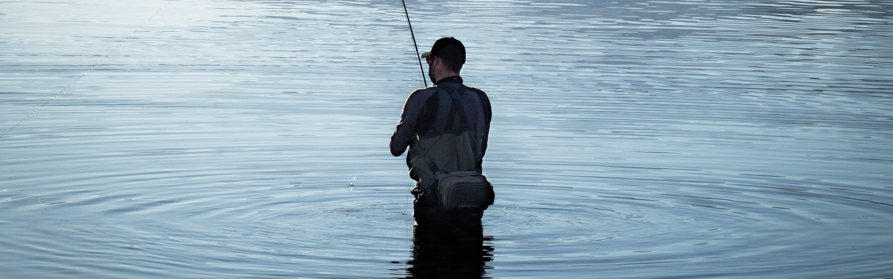 A fly fisher wearing waders stands in a body of water with his fishing rod.