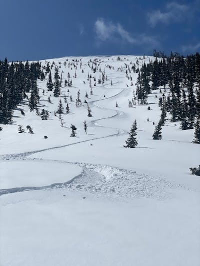 A snowboard line on a snowy mountain. 
