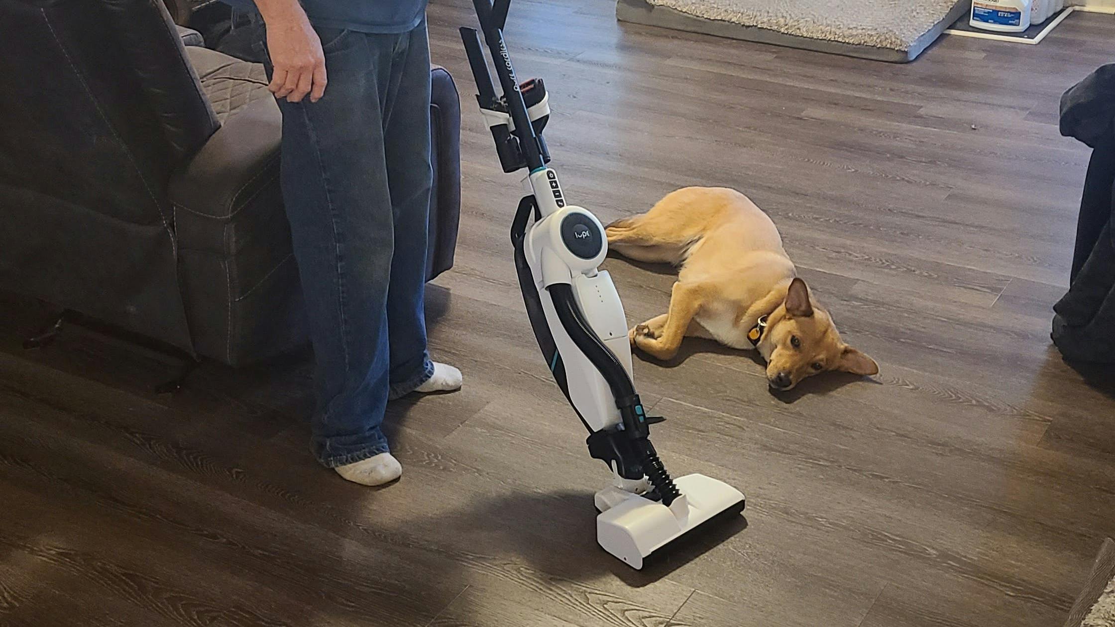 A man vacuuming as his dog lays on the floor. 