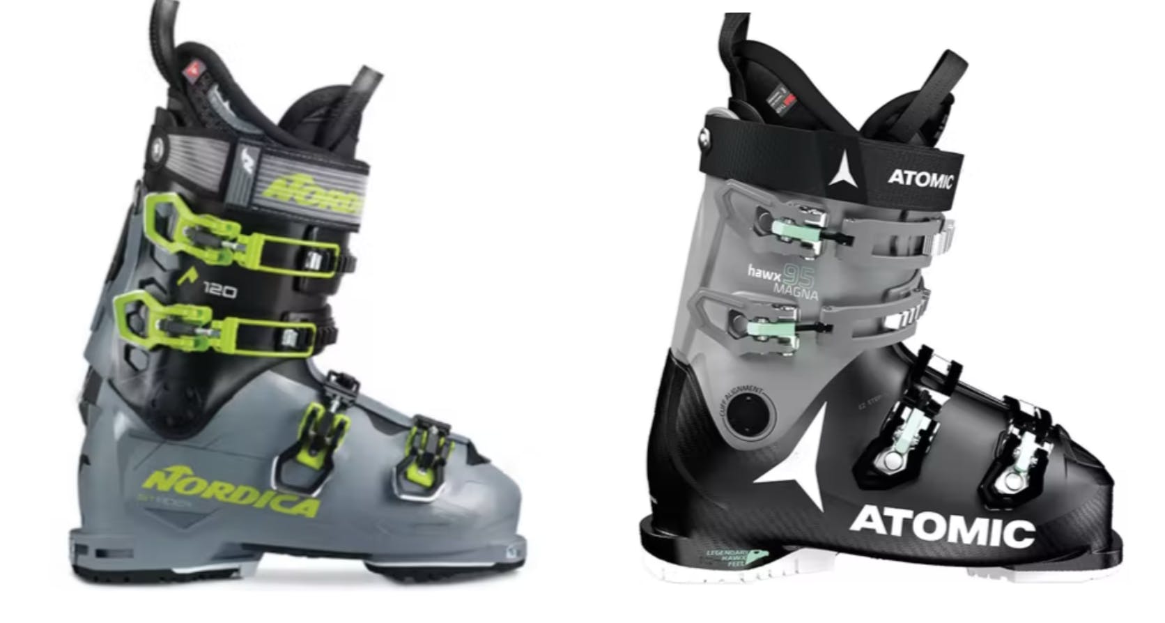Two boots, the Men's Nordica 120 Strider boot  on the left and the Women's Atomic Hawx Magna 95 on the right.