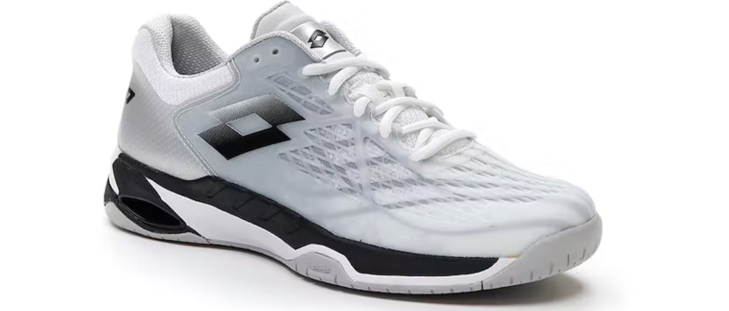 A Lotto Mirage 100 Speed Shoe in the color grey/black.
