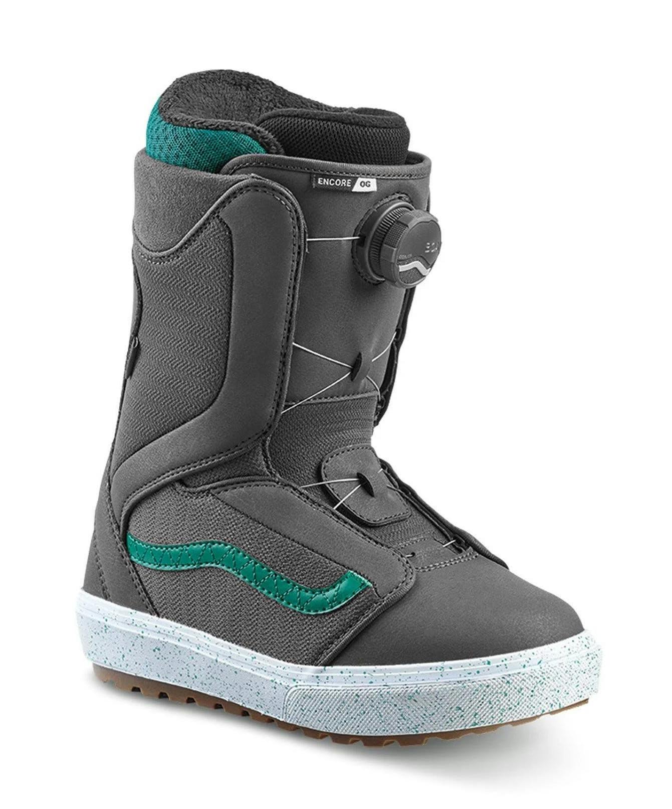 A pair of grey snowboarding boots with teal accents