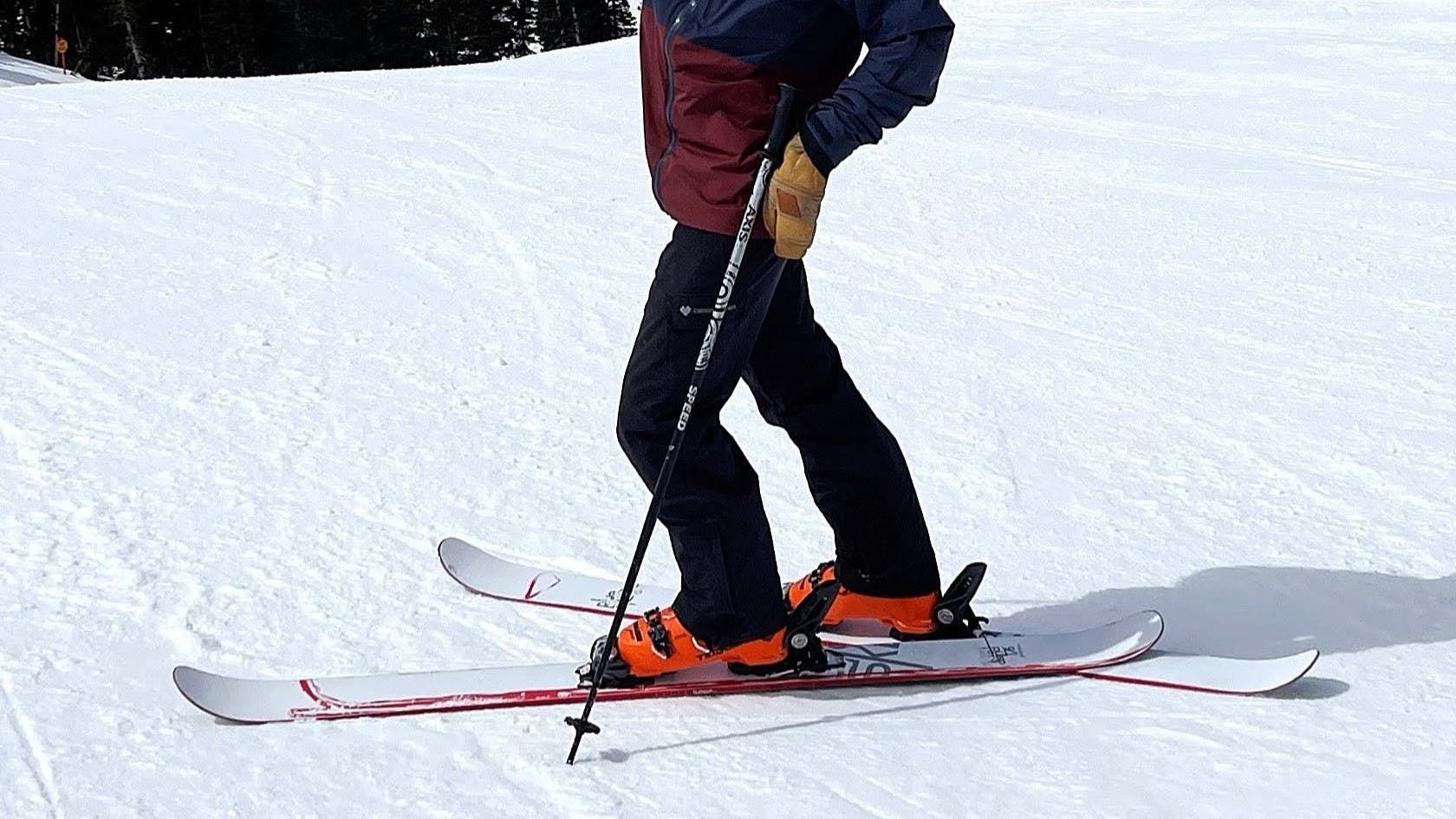 A man stands on his skis pointing with his pole.