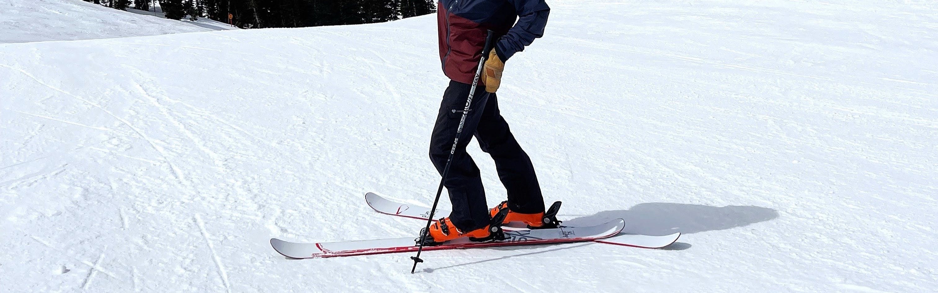 A man stands on his skis pointing with his pole.