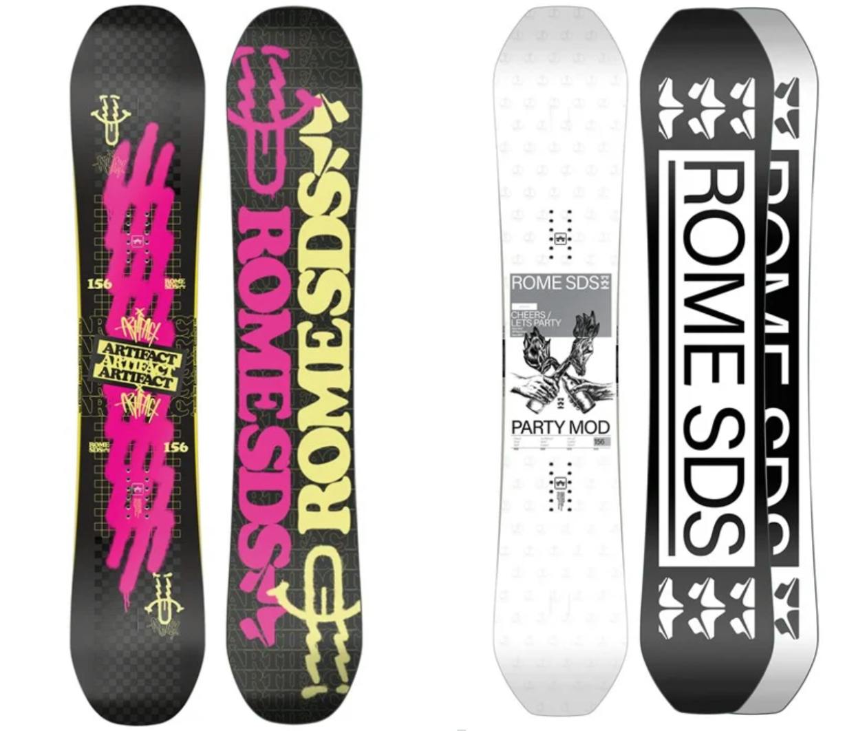 The Rome Artifact snowboard (left) and the Rome Party Mod snowboard (right).