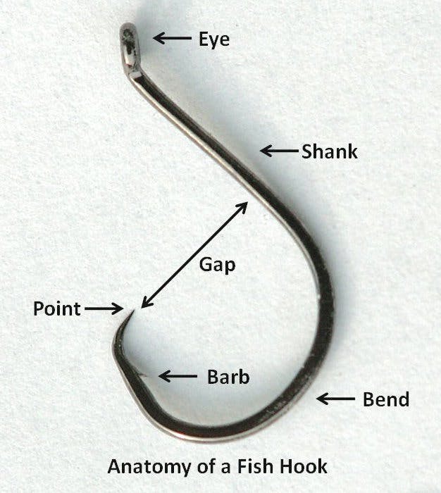 A fish hook with text added, pointing to the eye, shank, bend, barb, point, and gap, with the title "Anatomy of a Fish Hook."