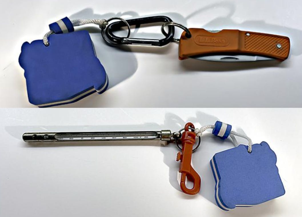 Two photos, on top is a knife attached to a closed cell foam keychain and on bottom is a thermometer attached to a closed cell foam keychain.