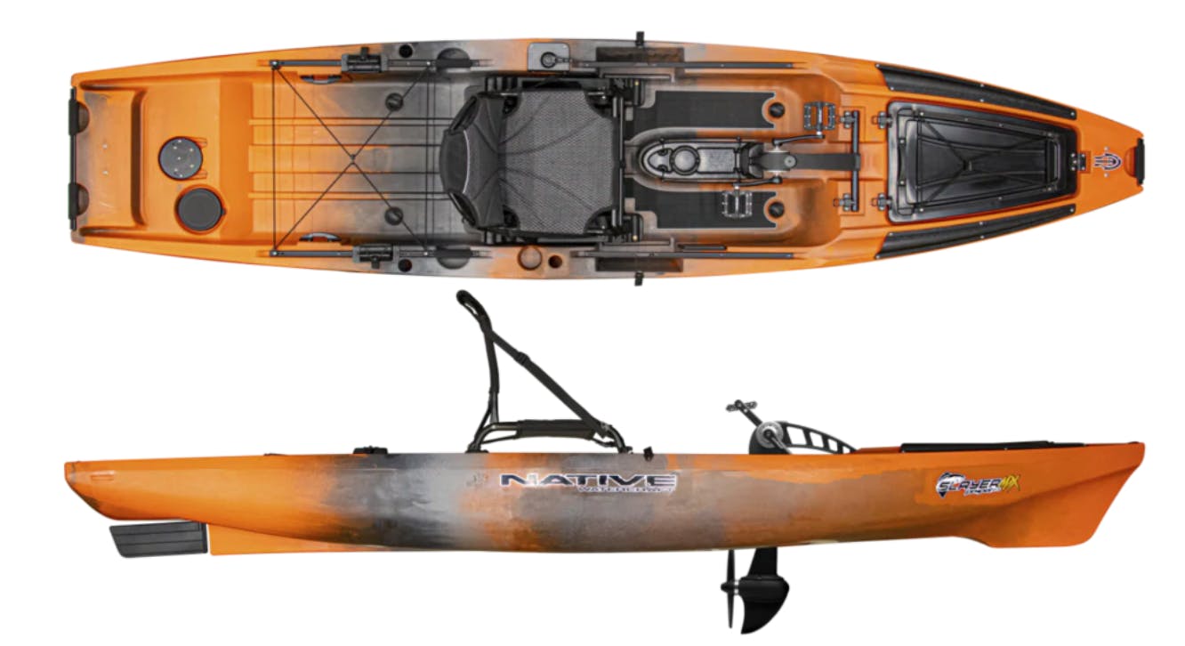 The Slayer 12.5 Max Kayak. There is a top down view and a side view.
