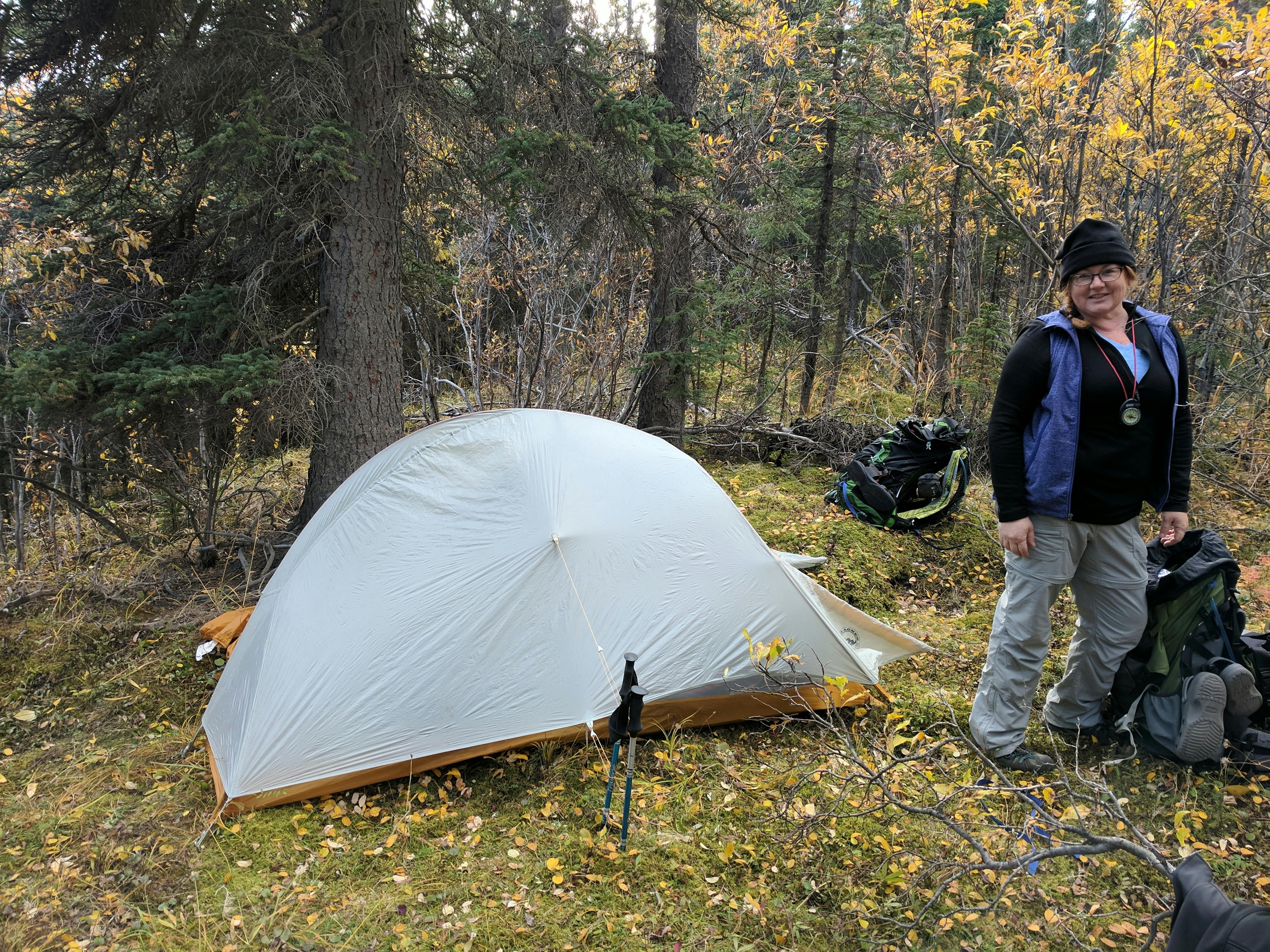 A tent and a woman with a backpack in a forest.