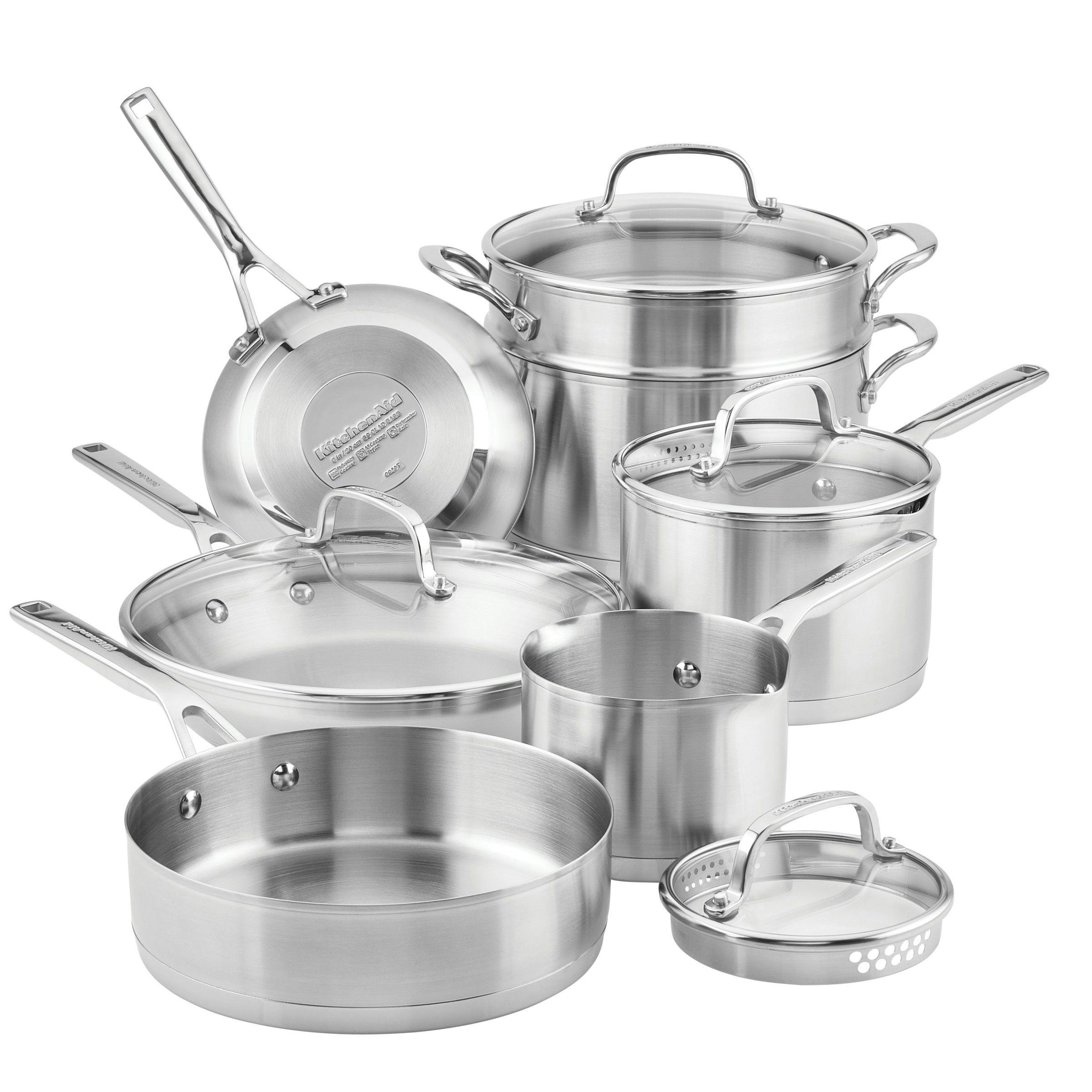 KitchenAid 3-Ply Base Stainless Steel Cookware Induction Pots and Pans Set, 11-Piece, Brushed Stainless Steel