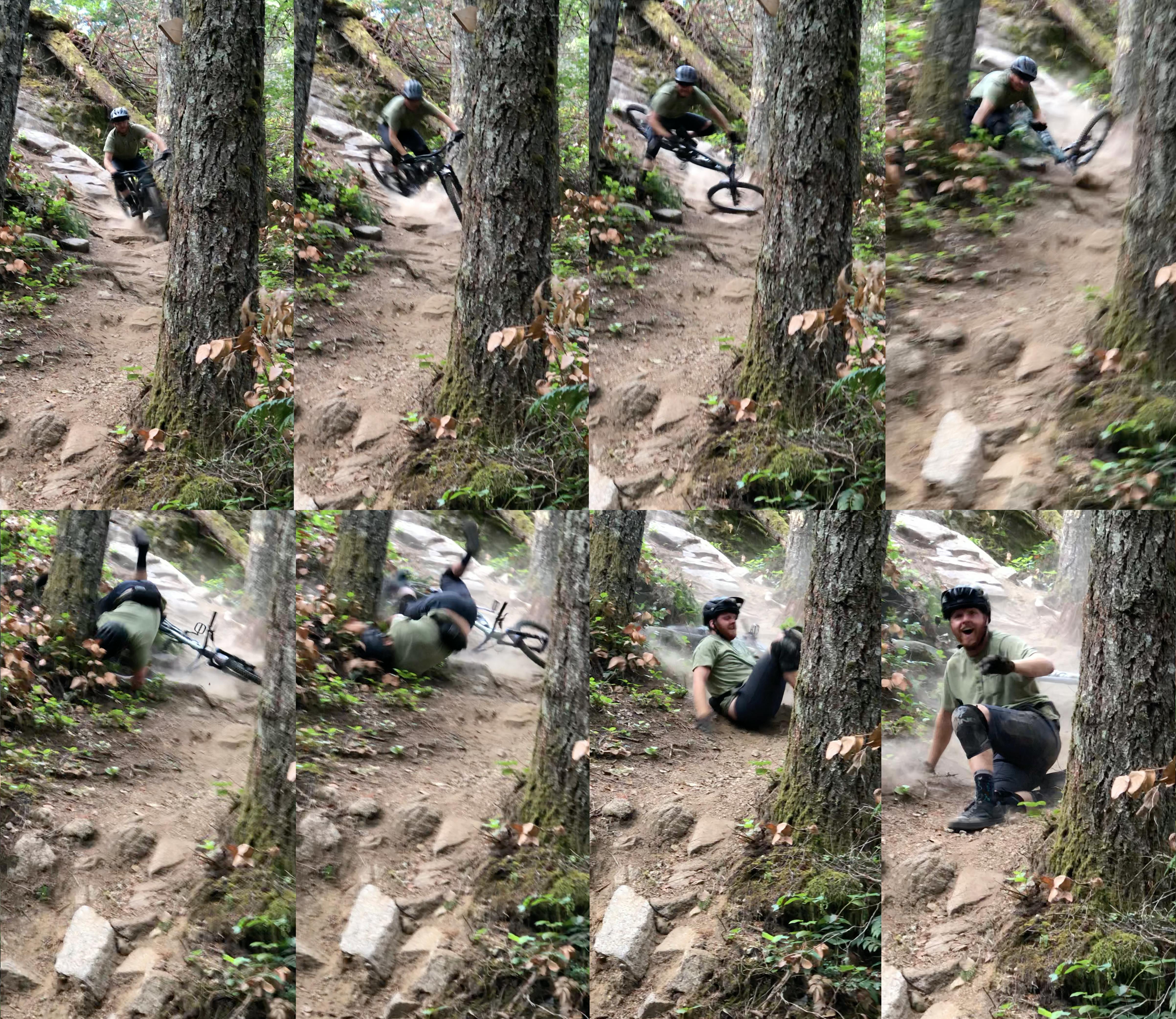 After executing all previous steps successfully, I was able to brush off the dust from this crash and continue riding! Eight images of different stages of a man falling from a bike.