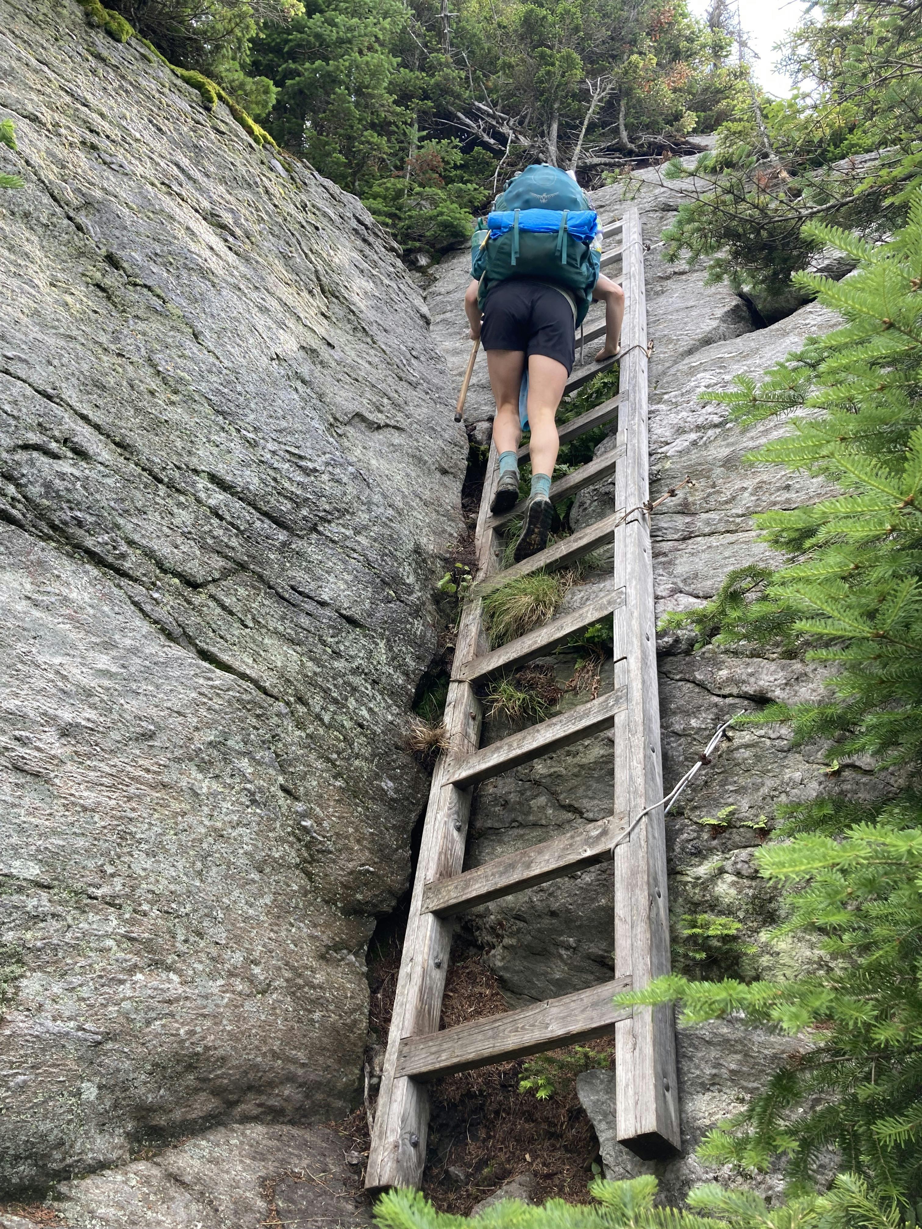 A hiker wearing a backpacking backpack climbing up a wooden ladder. 