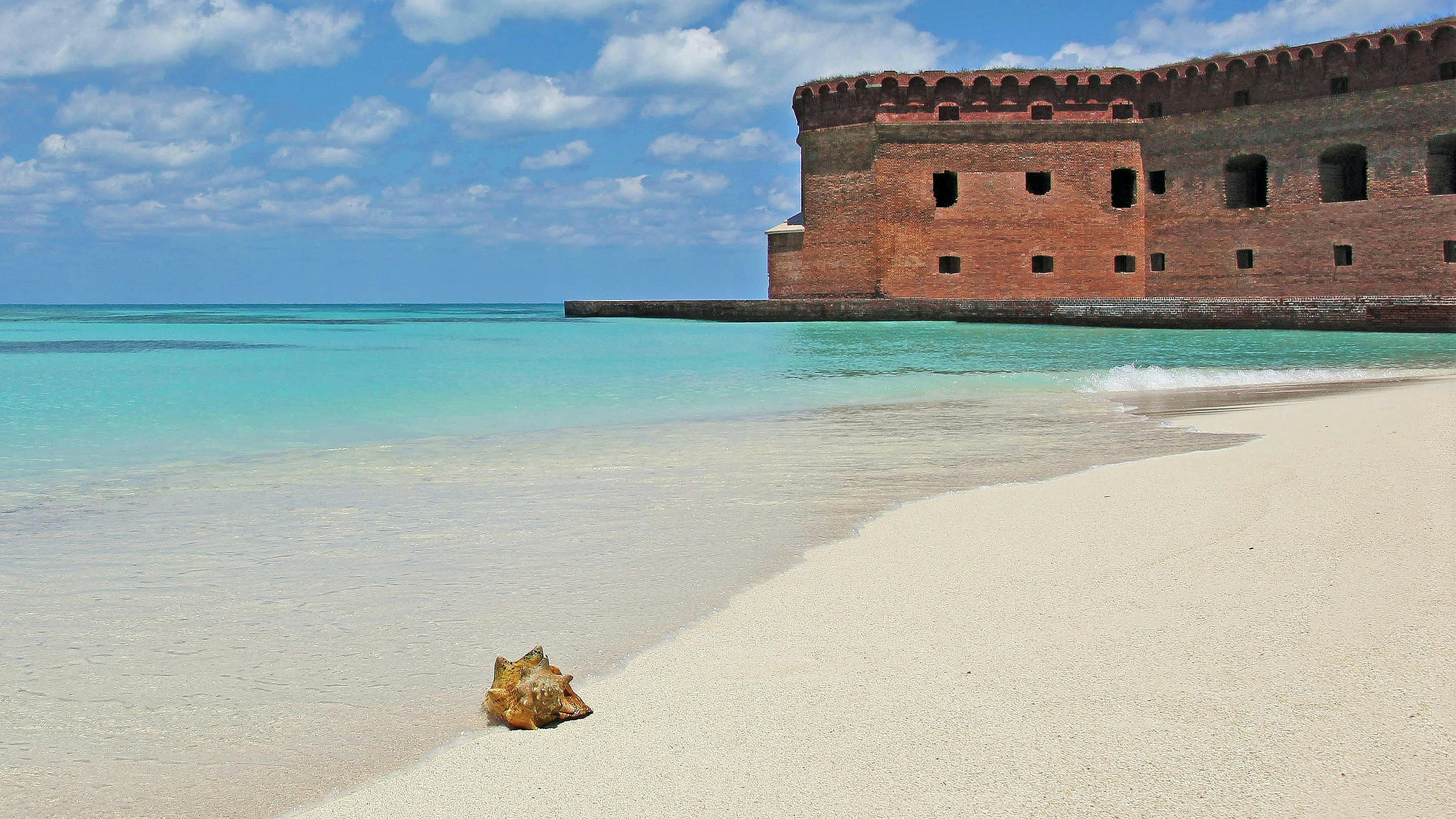 The fort at Dry Tortugas extends into the ocean. A shell sits on the sand in the foreground.