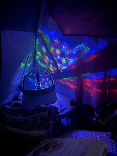 Inside of the Marmot Tungesten tent with lights inside. 