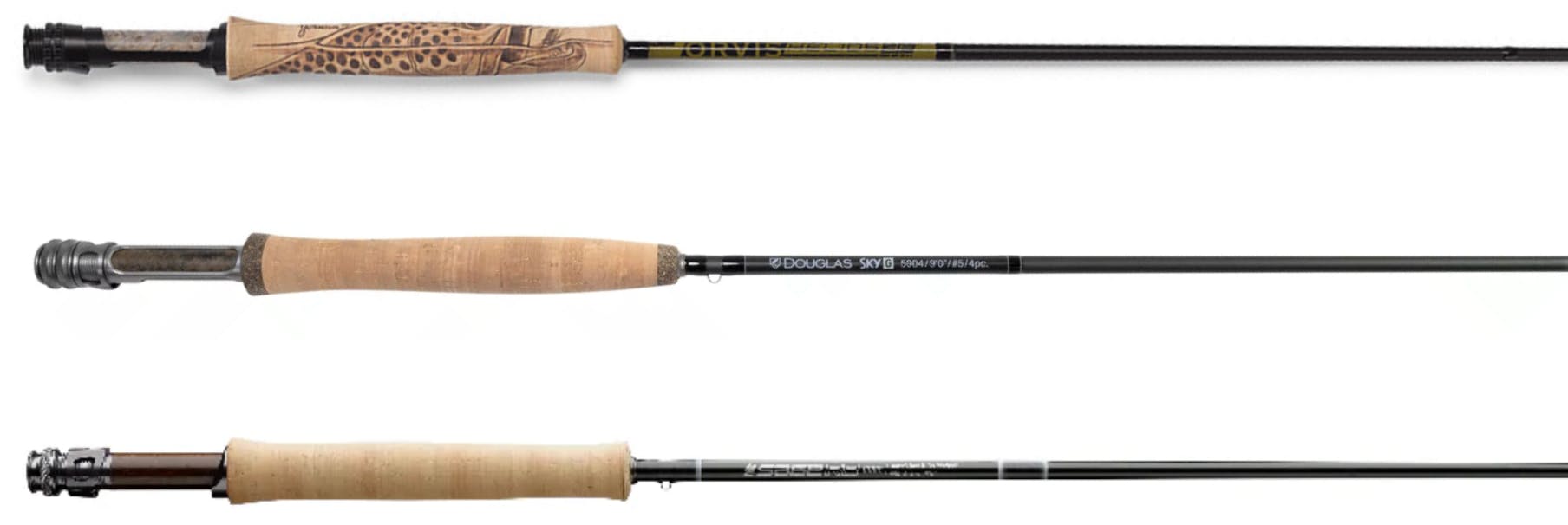 Three fly rods. From top to bottom - the Orvis Helios 3F, the Douglas SKY G, and the Sage R8 Core.
