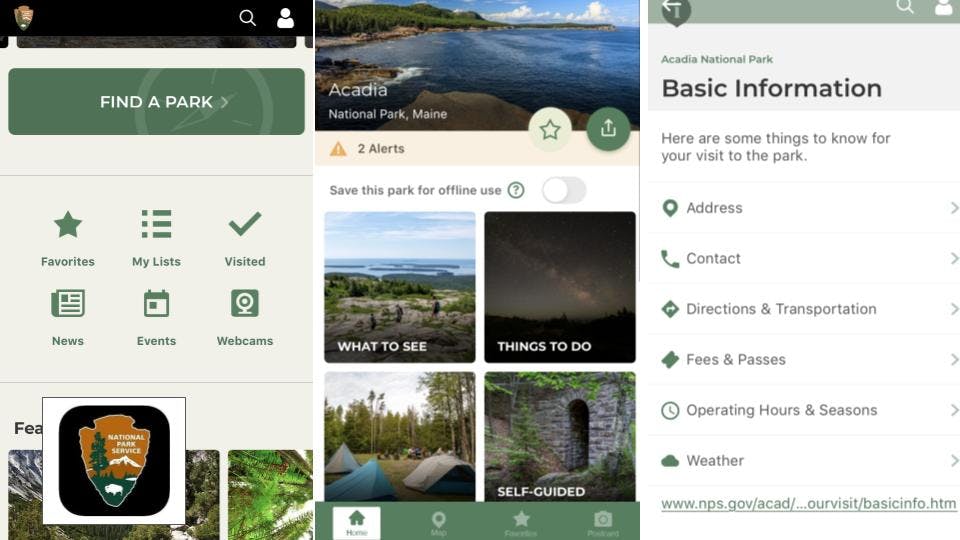 Screenshots from the app "National Park Service App". Includes a "find a park" feature, some info on Acadia National Park including what to see and do, and basic info of the park including address, hours, and phone number.