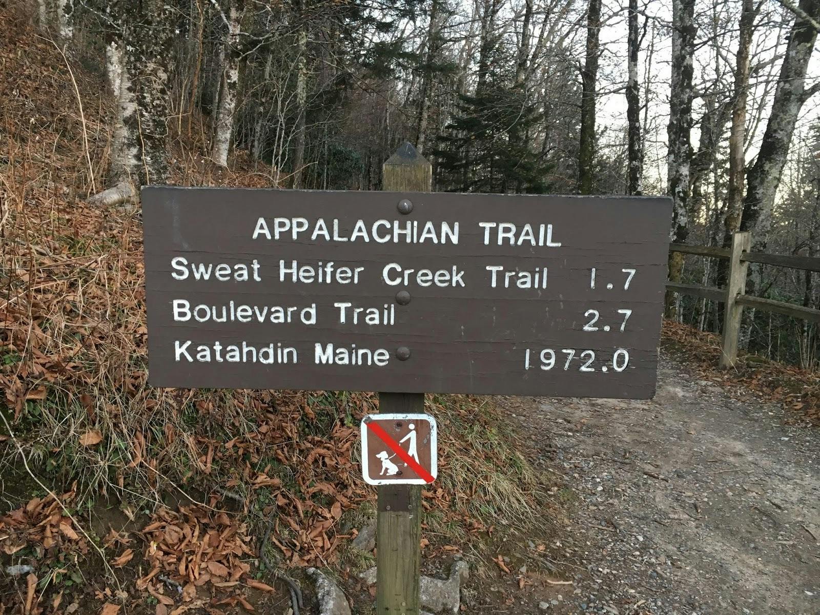 A trail-side sign that reads: "Appalachian Trail. Sweat Heifer Creek Trail - 1.7. Boulevard Trail - 2.7. Katahdin Maine - 1972.0. 
