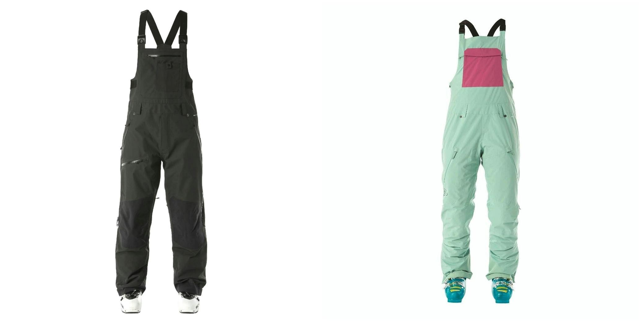 Two bib-style pairs of ski pants. One is black while the other is teal with a pink detail