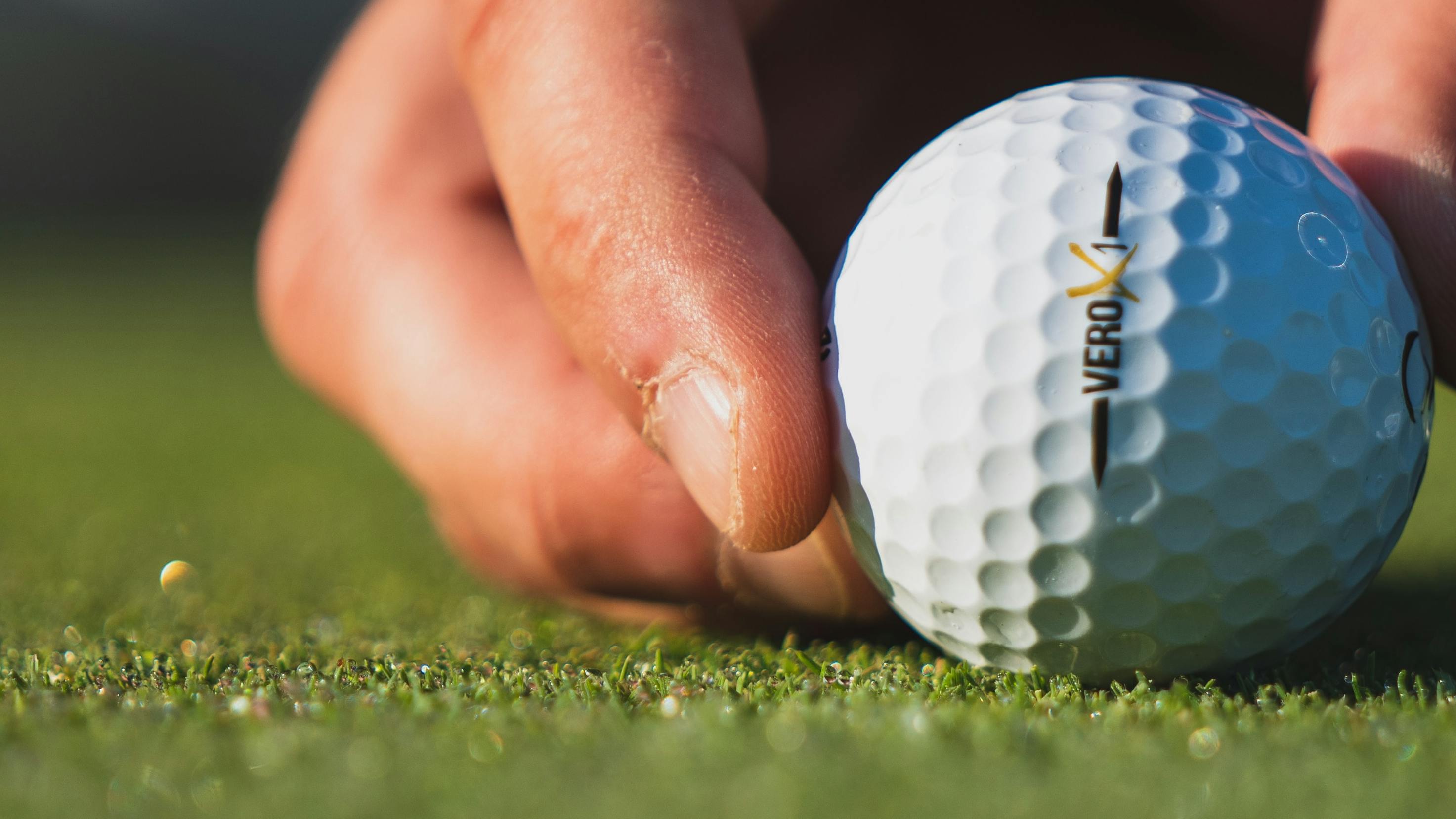 A golfer setting a golf ball down on a green.
