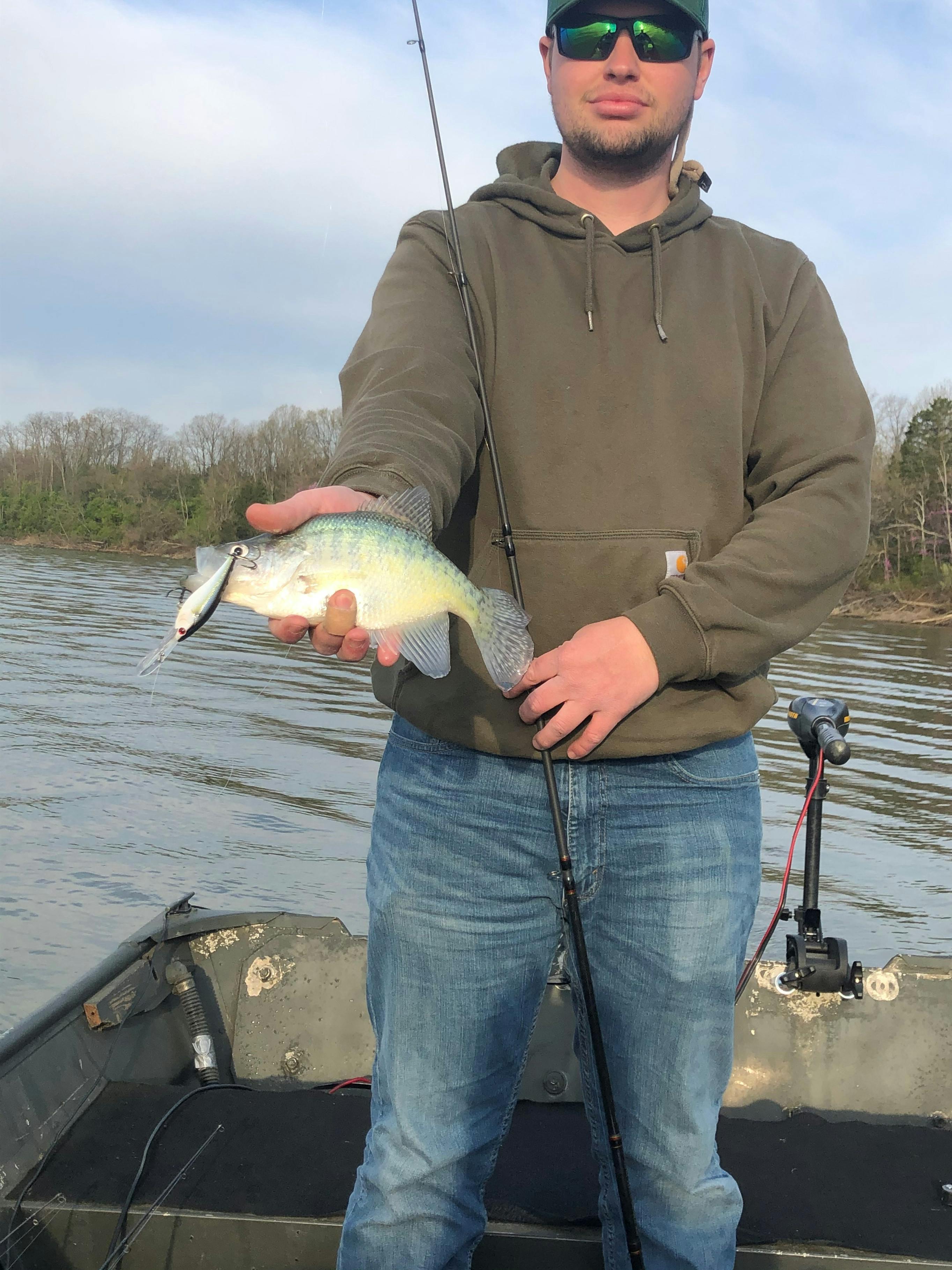The author stands on a boat and holds out a crappie that has a crankbait in its lip.