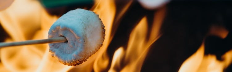 A marshmallow is roasted over a campfire