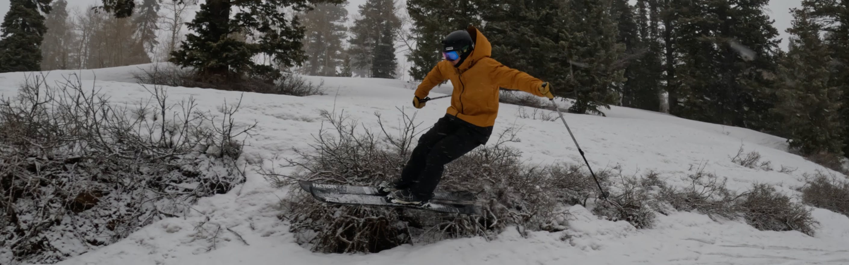 Curated Ski Expert Brandon Westburg jumping on the Faction Mana 2.0 skis