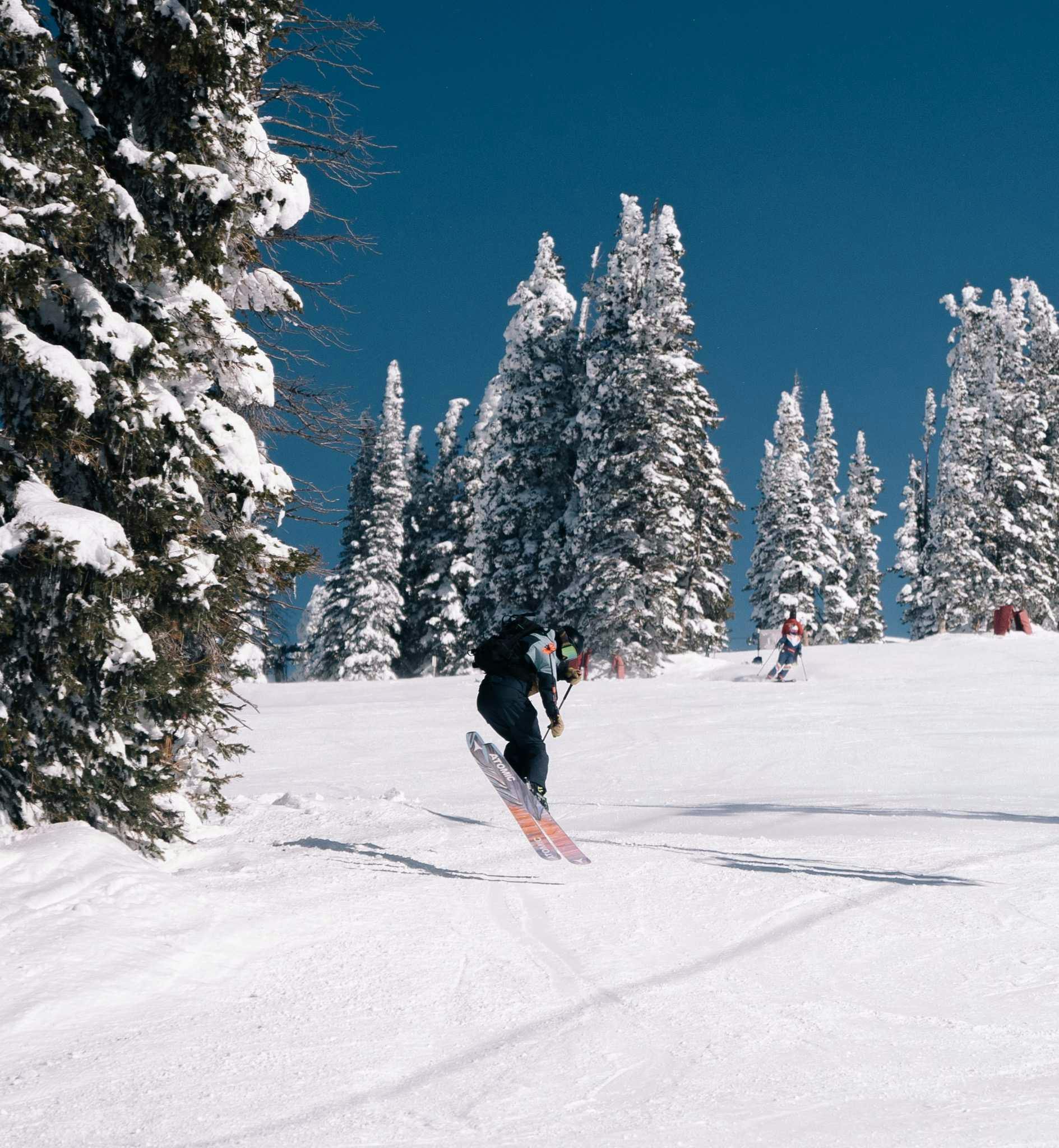 Someone lands a jump in skis. Snow-dusted trees line the background and the sky is a deep, clear blue. 