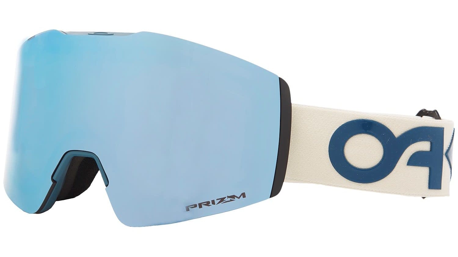 A pair of ski goggles with a blue lens and a white strap