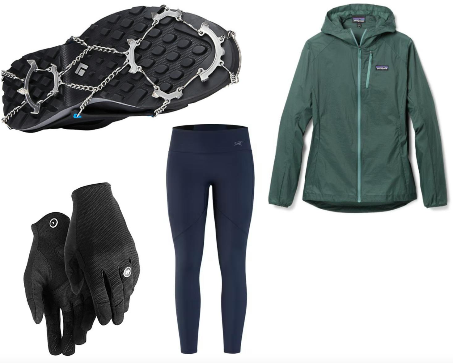 The Black Diamond Access Spikes (top left), the Assos Trail Glove (bottom left), the Arc'Teryx Oriel Legging (bottom middle), and the Patagonia Houdini Windbreaker (top right).