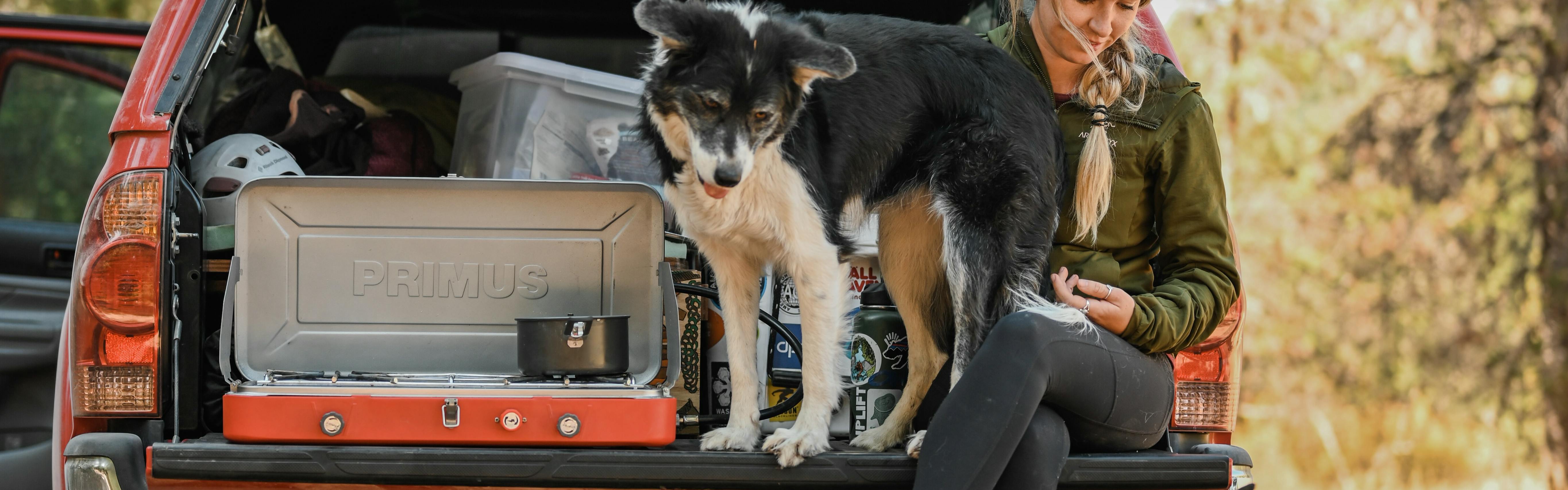 A stove, a dog, and a woman all sit on the tailgate of a truck. There is a pot on the stove.