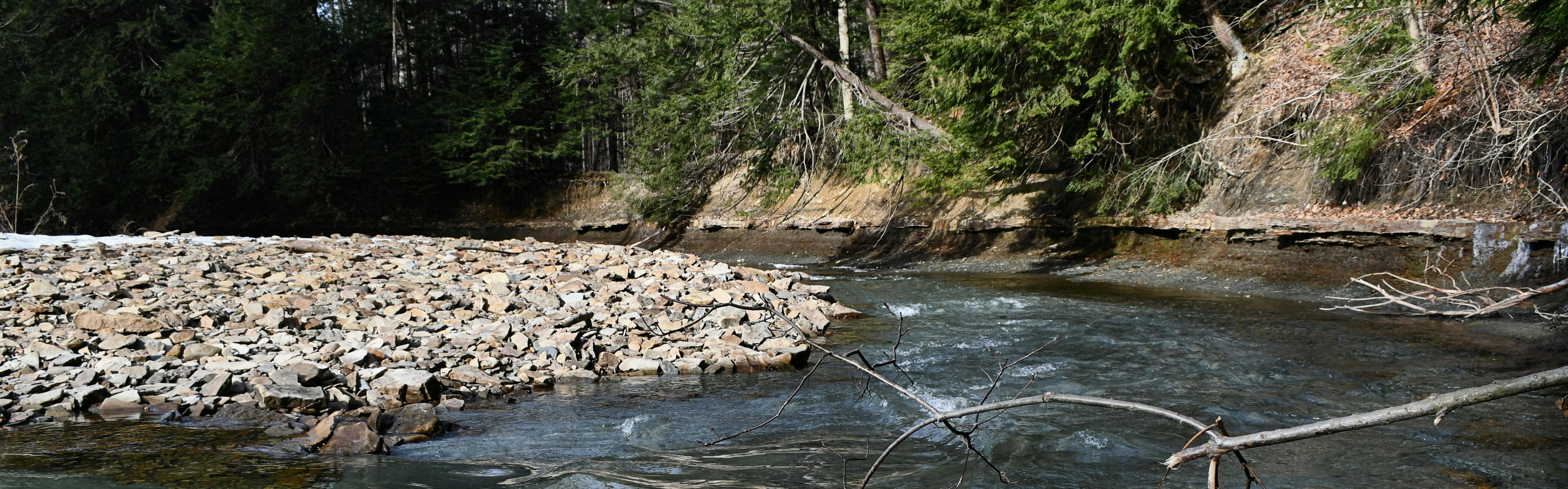 A river bends around a rocky bank. There is tree debris in the water.  