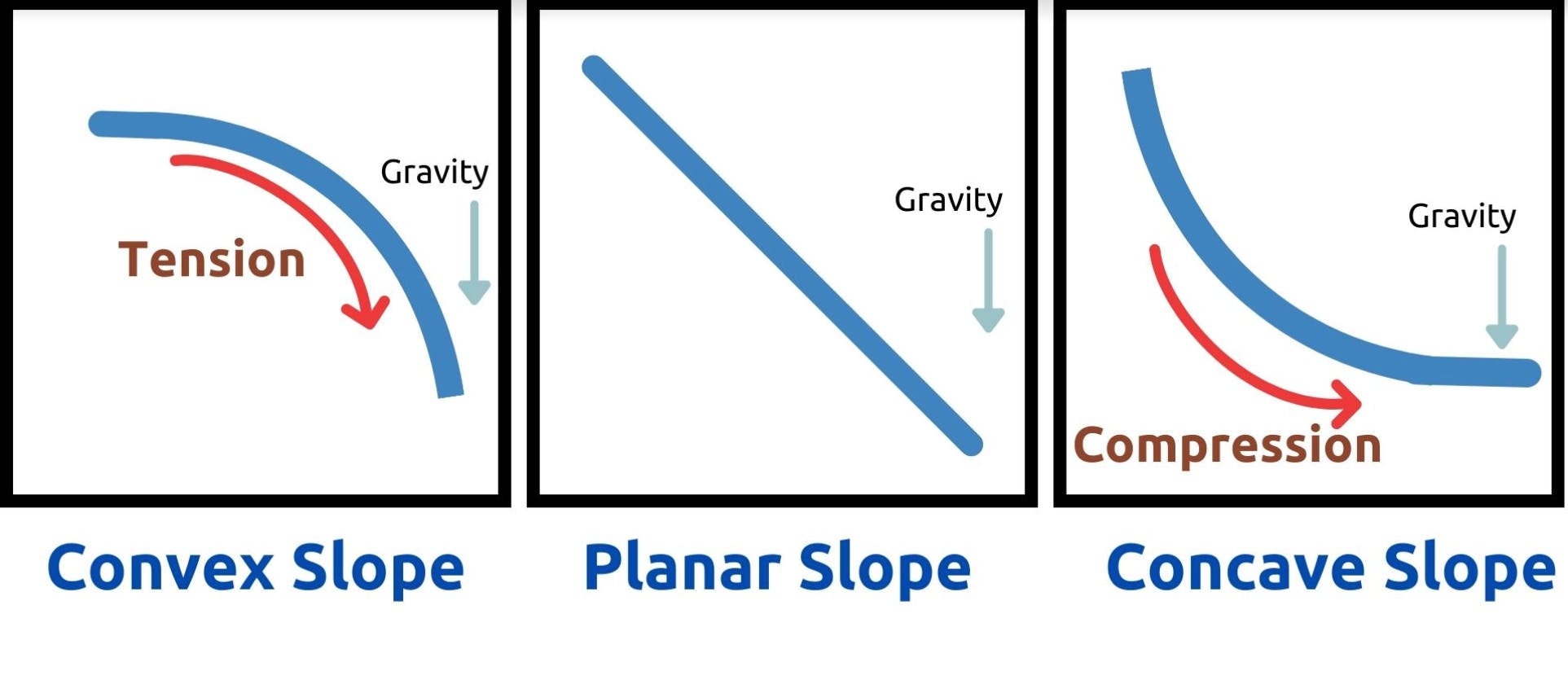 Three separate slope diagrams - convex, planar, and concave.