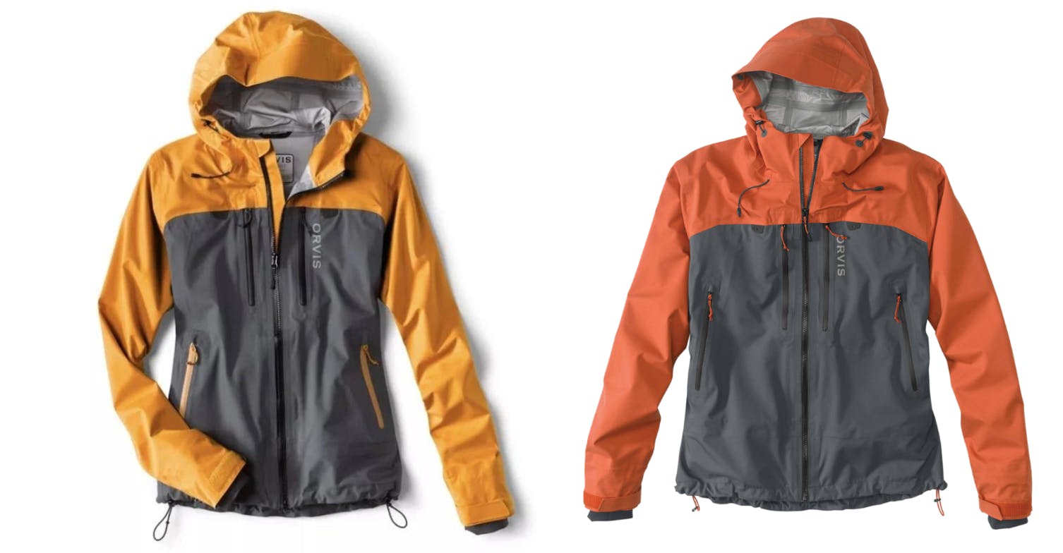 The Orvis Women's Ultralight Wading Jacket on the left and  the Orvis Men's Ultralight Wading Jacket on the right. 