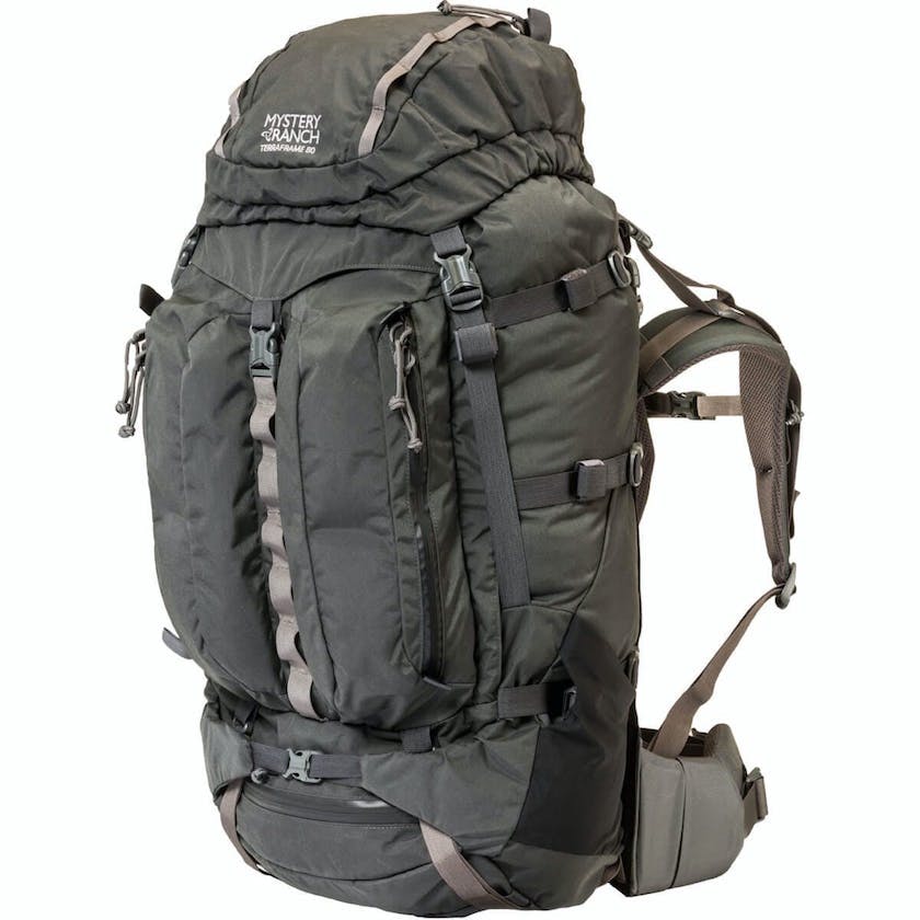 A large green-grey expedition backpack