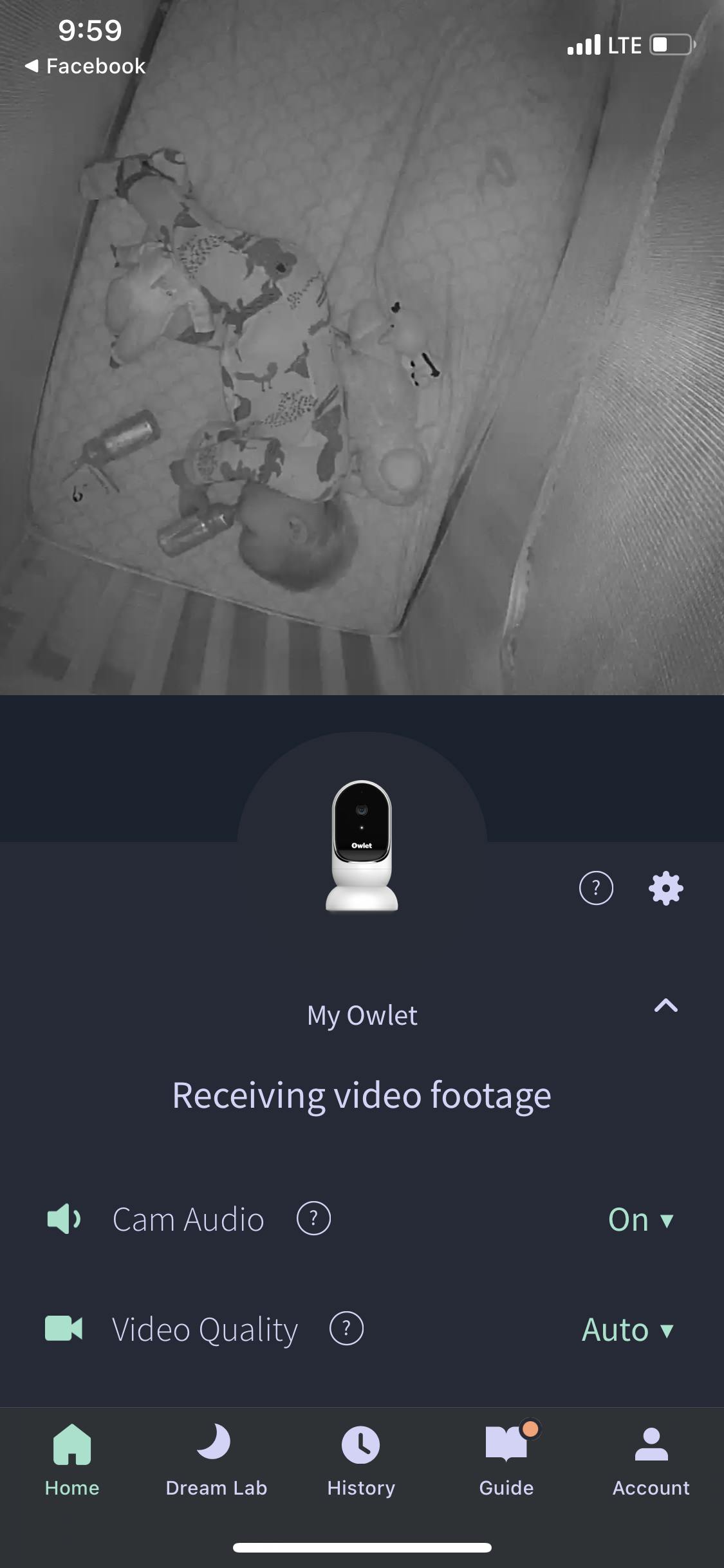 Screenshot on the phone app of the Owlet Dream Duo with 2nd Generation Owlet Cam. 